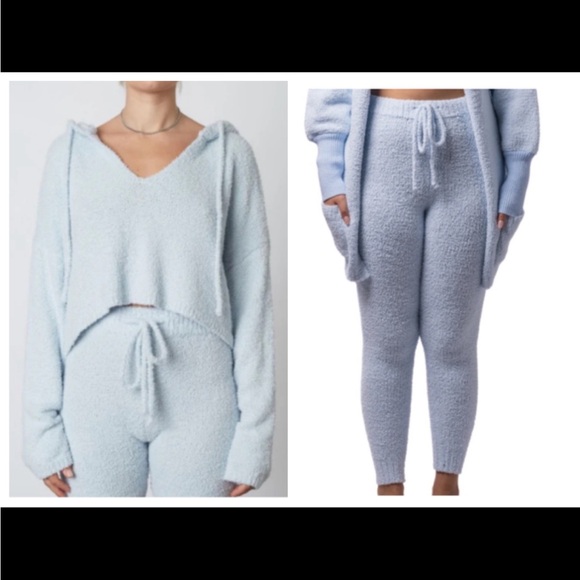 Meshki Other - MESHKI Notched Hooded Fuzzy Cropped Sweater & sweatpants. Baby blue color XS set